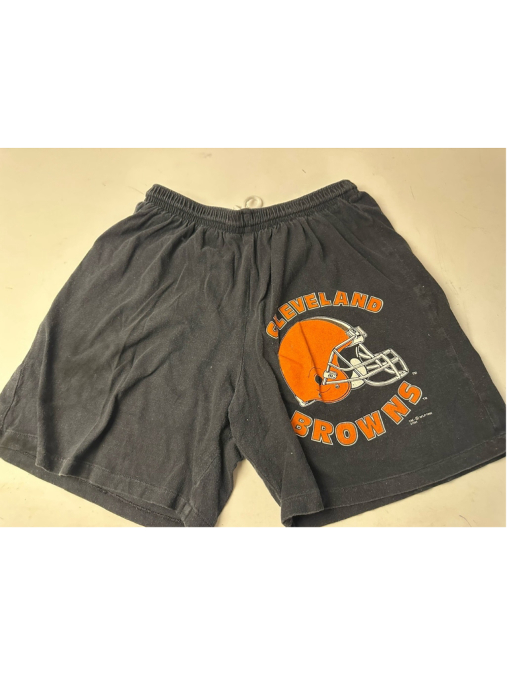 Vintage 1992 Cleveland Browns NFL Sweat Shorts Graphic Helmet Faded Black Mens S